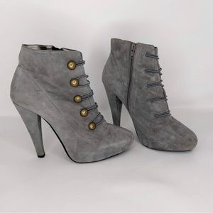 Jeffrey Campbell Gray Suede Brass Button High Heel Boots Women's 9